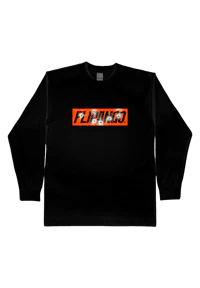 a black long - sleeve t - shirt with orange lettering