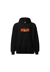 a black hoodie with an orange logo on it