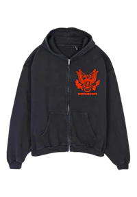 a black hoodie with an orange eagle on it