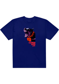 a blue t - shirt with an image of a tiger with his mouth open