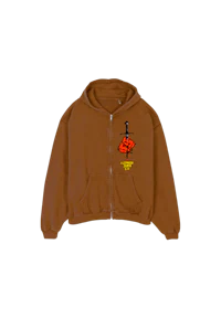 a brown hoodie with an image of a fist on it