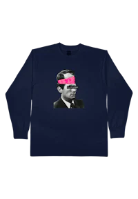 a long - sleeve tee with a picture of a man wearing a pink headband