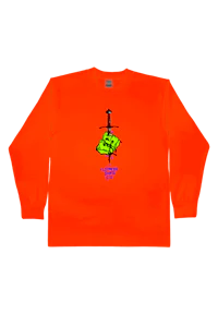 an orange long - sleeve shirt with an image of a man holding a knife