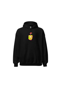 a black hoodie with an orange and yellow hoodie