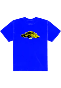 a blue t - shirt with a yellow car on it