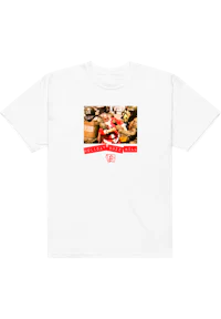 a white t - shirt with an image of a man in a red shirt