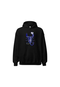 a black hoodie with an image of a scorpion on it
