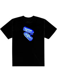 a black t - shirt with a pair of blue shoes on it