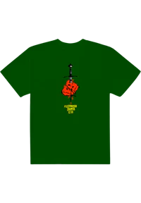 a green t - shirt with an image of a fist
