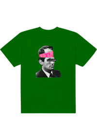 a green t - shirt with an image of a man in a suit and tie
